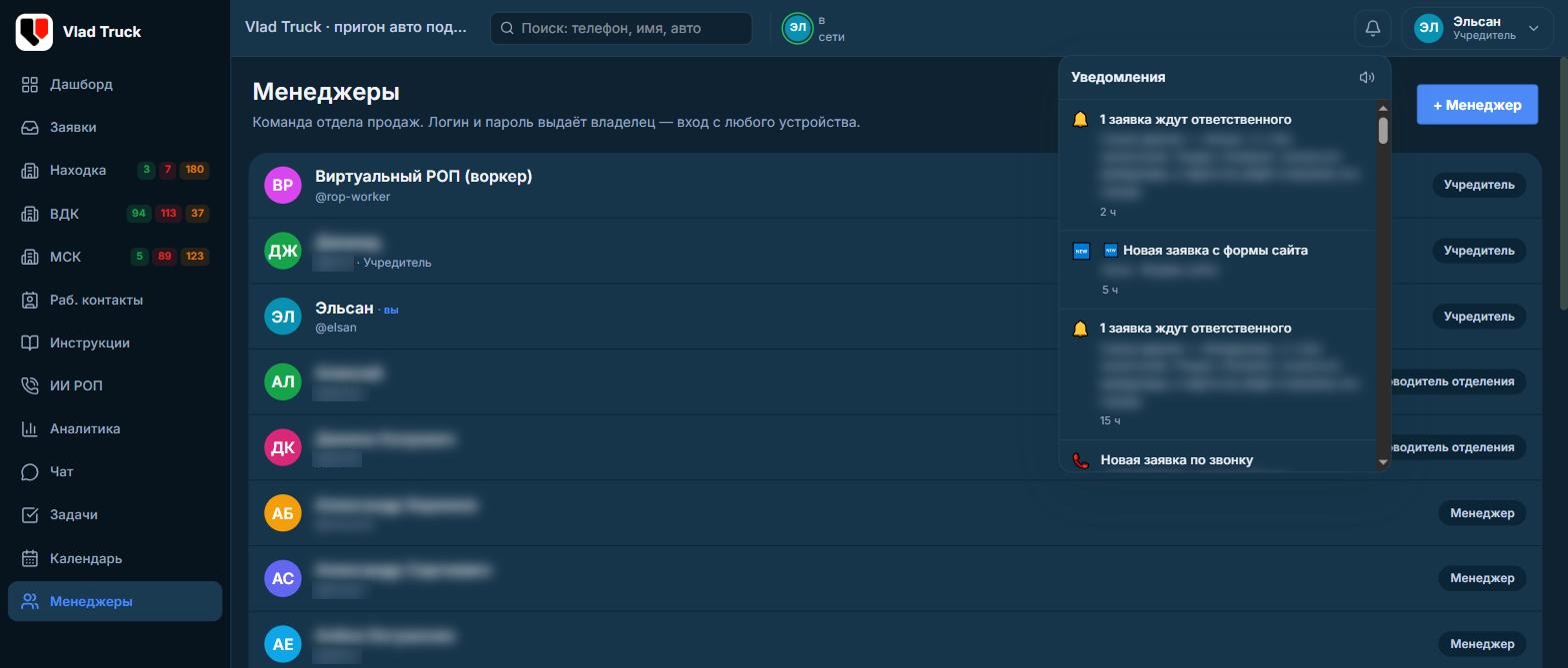 Уведомления CRM: новая заявка, заявка ждёт ответственного, новая заявка по звонку