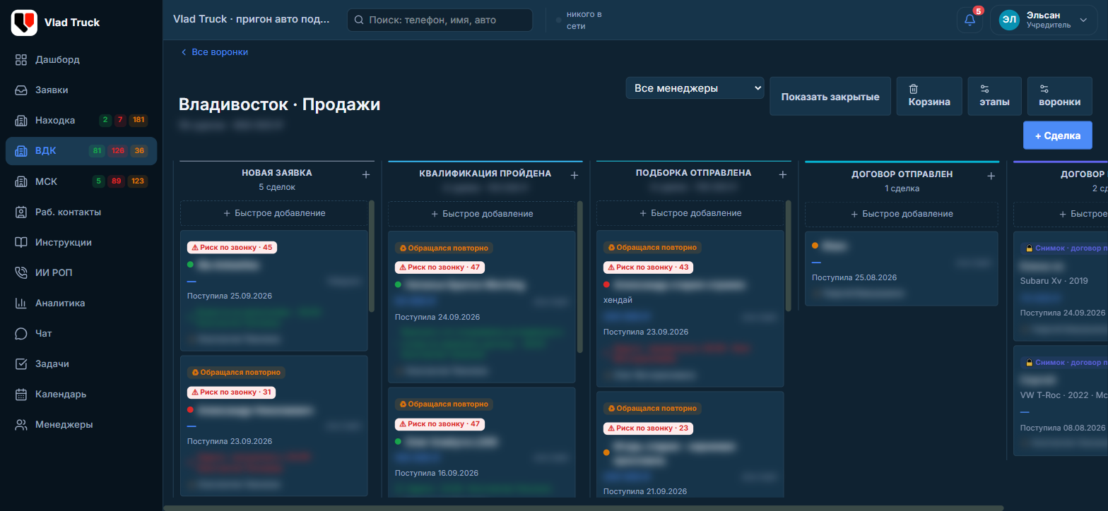 Доска продаж CRM для автопривоза: этапы от новой заявки до договора, метки «риск по звонку» и «обращался повторно»